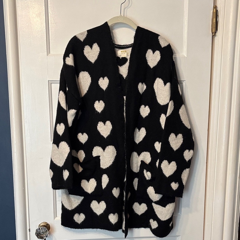 Anthropologie Black Cardigan with Cream Hearts